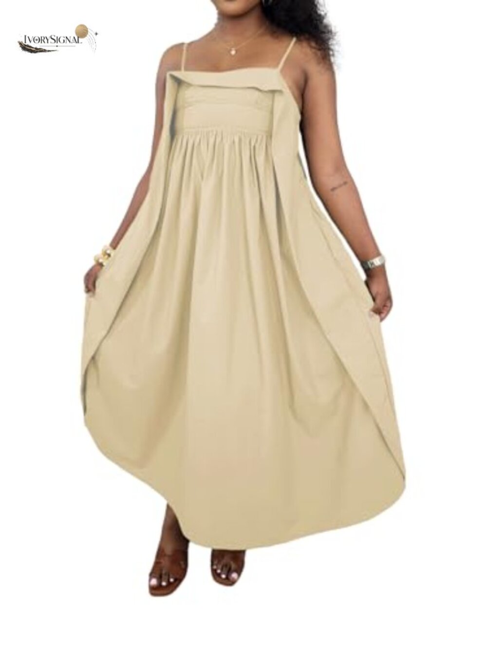 Women's Smocked Midi Dress Spaghetti Strap A-Line Sundress with Pockets